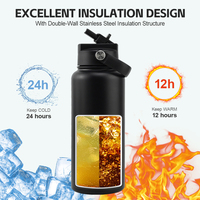Bouteille d'eau sport 32 oz personnalisable avec logo, faible MOQ, en acier inoxydable à double paroi avec couvercle anti-poussière à poussoir et paille intégrée