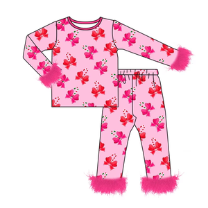 Conjuntos de pijamas navideños para niñas, pantalones de manga larga con estampado navideño y ribete de piel, ropa de dormir suave y acogedora para invierno - Product Image 6
