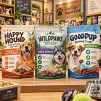 Sachets d'emballage pour friandises pour animaux de compagnie lyophilisées, pochettes personnalisées à fermeture éclair pour les collations de chiens et de chats