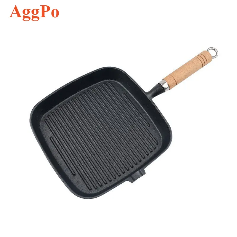 Thickened wood handle steak pot cast iron frying pan non stick household striped frying pan