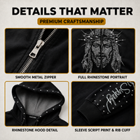 Sweat à capuche zippé personnalisé en molleton 500 GSM pour homme, 100 % coton, imprimé DTG avec strass, coupe ample, courte et oversize, style streetwear vintage, fabrication OEM ODM