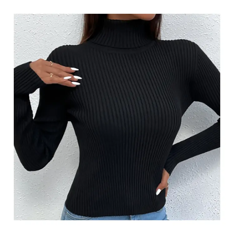 Sweater wanita, Turtleneck wanita Sweater ramping wanita, atasan dasar rajut lembut kasual lengan panjang