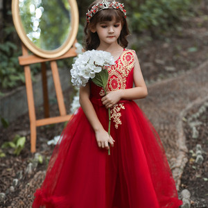 Princess Dress For Girls V Neck Ball Gown Red Tulle Flower Girl Dress With Gold Embroidery Kids Formal Wear - Product Image 1