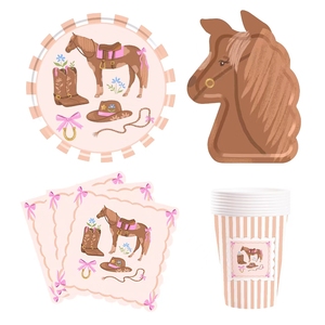 ชุดอุปกรณ์จัดงานวันเกิดเด็กผู้หญิงลายม้า DAMAI พร้อมโบว์สีน้ำตาล รูปม้า ของใช้บนโต๊ะอาหารแบบใช้แล้วทิ้ง กระดาษเช็ดปาก แก้ว จาน - Product Image 5