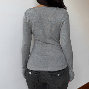 Top europeo picante con hombros descubiertos, fruncido, ajustado, de manga larga, elegante, diseño favorecedor, camiseta versátil - Product Image 5