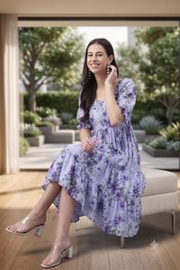 Women's Floral Print Midi <b>Dress</b> Elegant Square Neck Puff Sleeve Tiered Casual Summer <b>Dress</b> Boutique Fashion Style for Women - Product Image 2