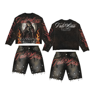 ملابس رجالية كاجوال، طقم تي شيرت بأكمام طويلة وياقة دائرية مع طباعة حريرية، وشورت جينز للرجال، ملابس الشارع والهيب هوب بالجملة - Product Image 1