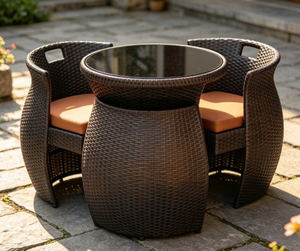 LIVRAISON AUX ÉTATS-UNIS Ensemble bistrot moderne en rotin pour l'extérieur, gain de place, 1 table, 2 chaises, sièges rembourrés |   Chaises de restaurant en stock - Product Image 3