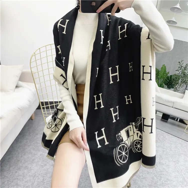 2023 fashion large custom logo wool blanket shawl wrap brand designer winter warm women scottish cashmere scarf