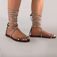 Sandales plates gladiateur à lacets avec strass et bande croisée pour femme et demoiselle
