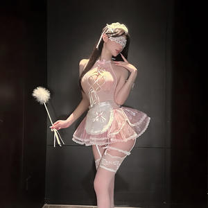 Lencería Sexy para Mujer, Uniforme de Sirvienta con Encaje Rosa, Espalda Descubierta, Vestido Babydoll Transparente, Disfraz de Sirvienta Exótica - Product Image 3