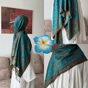 Chales de Pashmina de anacardo personalizados Jacquard con borlas Bufandas musulmanas de Cachemira Hijab Pashmina Chales para mujeres - Product Image 4