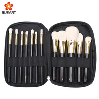 DailyQueen Luxury 12pcs Gold Tube Acrylique Makeup Brush Set Manche Noir avec Fibre Protéine et Poils de Chèvre Naturels Gaine à Fermeture Éclair