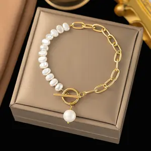 SC Korean Süßwasser Barock Perlen Armband Einfache Mode Edelstahl Perle Spleißen Armband Charm Armbänder Frauen