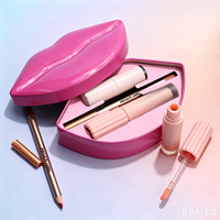 Ensemble de gloss à lèvres 3 en 1, logo personnalisé, marque privée, lèvres roses, boîte en forme de bouche, baume à lèvres, crayon à lèvres, kit cosmétique