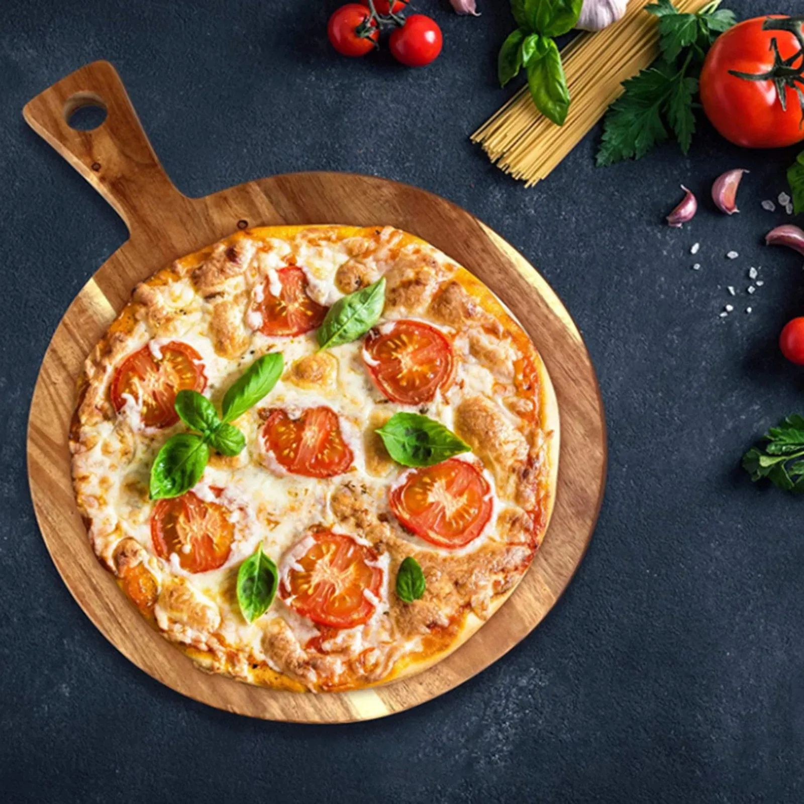 Atacado Madeira Sólida Pizza Queijo Placa De Corte De Frutas Tábua De Corte De Acácia Pão Servir Com Alça