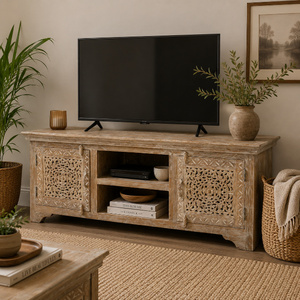 Hand-Carved Solid Wood TV <b>Unit</b> with <b>Storage</b> Cabinets & <b>Open</b> Shelves – Rustic Natural Finish - Product Image 1