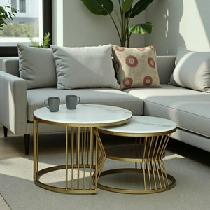Modern <b>Round</b> <b>Nesting</b> <b>Coffee</b> <b>Table</b> Set with White Marble Top and Gold Metal Base for Living Room Furniture - Product Image 1