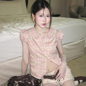 INS French Sweet Preppy Pink Plaid Puff Sleeve Shirt, Slim Fit Short Sleeve <b>Collared</b> Top <b>for</b> <b>Women</b> Summer Wear - Product Image 2