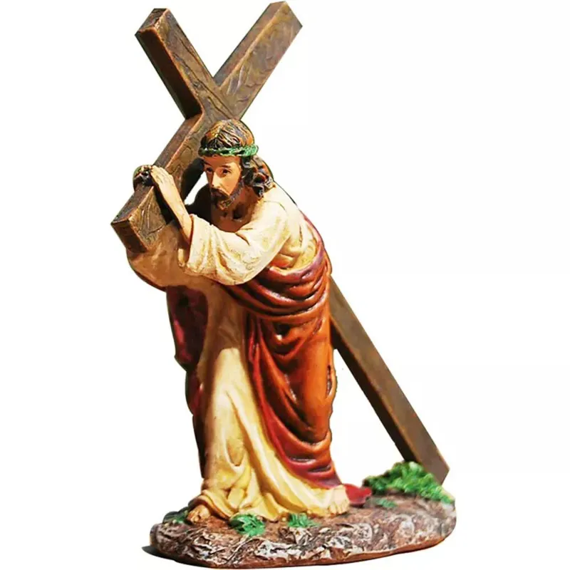 Polyresin เครื่องประดับทางศาสนาที่กำหนดเองทาสี,รูปปั้นตกแต่งคาทอลิกศักดิ์สิทธิ์,เรซิ่นพระเยซูถือรูปกางเขน