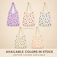 Sac fourre-tout bleu à motif floral tricoté à la machine, sac à bandoulière avec logo personnalisé, aspect artisanal, faible MOQ, marque privée, vente en gros