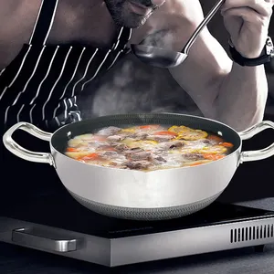 Wok de aço inoxidável food grade 304 Favo De Mel 34 centímetros fritar antiaderente wok de aço inoxidável com alça Cozinhar Panelas de Fritura
