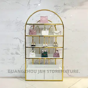 Women shop custom design semicircle golden shoe rack and handbag display shelf stand with LED light