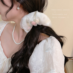 Elastico per capelli in organza <span class=keywords><strong>rosa</strong></span> shocking a forma di <span class=keywords><strong>rosa</strong></span>, stile Kawaii, per donne e ragazze, ideale per matrimoni, sposa, feste, accessorio floreale dolce e grazioso - Product Image 2