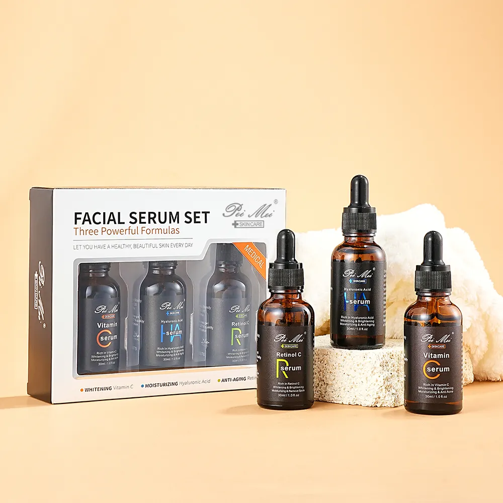 Pei Mei vente en gros 3 en 1 ensemble de sérum de soin de la peau avec vitamine C acide hyaluronique rétinol sérum d'entretien de la peau pour le visage