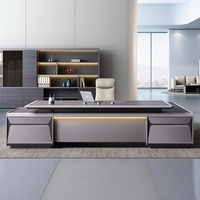 Table de direction modulaire multifonctionnelle en forme de L, de haute qualité, marron, moderne, luxueuse, avec éclairage LED, en placage de bois MDF, garantie 3 ans
