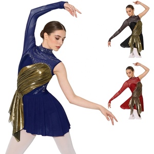 Robes de patinage artistique asymétriques à une manche en maille ornée de strass pour filles, avec ceinture dorée, costume de danse de compétition personnalisé - Product Image 1