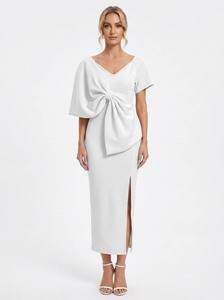 Wholesale Elegant <strong>Maxi</strong> <strong>Dress</strong> for Plus Size Women Deep V Bow High Waist Wrap Ruffles Lace <strong>Chiffon</strong> Fabric Short <strong>Sleeves</strong> - Product Image 2