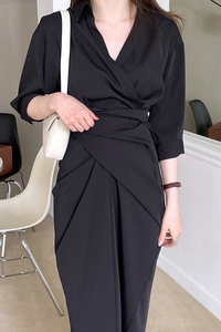 Robe <span class=keywords><strong>Femme</strong></span> Chic Coréenne Minimaliste à Col Revers Croisé, Design Élégant pour le Travail, Coupe Slim, Taille Haute, Manches Mi-Longues, Collection Automne 2026 – Vente en Gros - Product Image 6