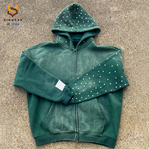Sweat à capuche zippé en coton French Terry 500g épais avec logo personnalisé, manches ornées de strass, effet délavé vintage, style streetwear - Product Image 1