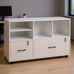 Armoire de classement mobile en bois à 2 tiroirs, verrouillable, avec étagères ouvertes, meubles de bureau, armoire de classement - Product Image 2