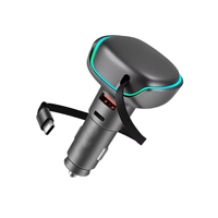 Pengisi Daya Mobil Mini 50W Retractable 3 Port PD QC3.0 USB C Adaptor Pengisian Cepat 12V 24V dengan Kabel Retractable Terintegrasi Untuk Ponsel