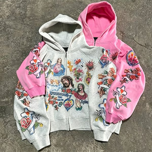 Sweat à capuche zippé personnalisé, surdimensionné, épais, en coton, avec impression DTG graphique, coupe carrée et courte - Product Image 3