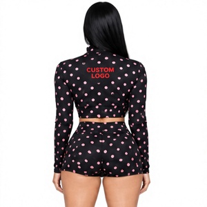 Custom Logo Women 2 Piece <b>Set</b> <b>Crop</b> Jacket Shorts Matching Streetwear Sporty Dot Print Spandex Polyester polka dot <b>crop</b> <b>top</b> <b>set</b> - Product Image 3