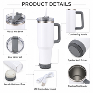 Gobelet isotherme <span class=keywords><strong>Bluetooth</strong></span> 40oz en acier inoxydable 304 à double paroi, grande capacité, vierge pour sublimation, avec poignée, couvercle et paille - Product Image 4