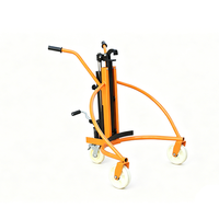 Chariot de manutention de fûts en nylon industriel avec pince bec d'aigle et dossier à roulettes en U pour un levage sécurisé des fûts en entrepôt