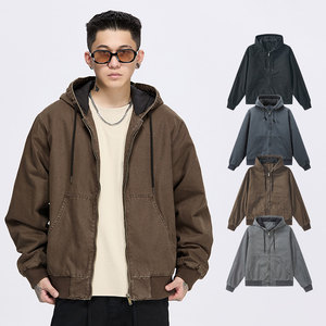 Chaquetas Cargo con Capucha para Hombre, Estilo Urbano, con Cierre de Cremallera, Forro Acolchado, Chaquetas Tejidas de Algodón Lavado - Product Image 1