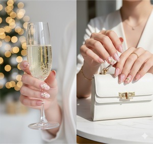 Uñas Postizas Cortas Almendradas Hechas a Mano con Flores 3D <span class=keywords><strong>y</strong></span> Borde Metálico Dorado, Uñas de Lujo Reutilizables para el Verano, Venta al Por Mayor - Product Image 6