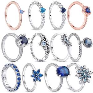 Bagues en Argent Sterling 925 Scintillantes avec Motifs Herbarium, Lune, Éternité, Cœur, Couronne, Flocon de Neige et Zircon Bleu, pour Mariage et Breloques Chrétien - Product Image 1