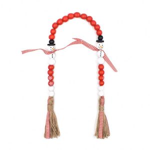 Guirlande de perles en bois naturel de bonhomme de neige de Noël créatif avec pompon fait à la main pour arbre de Noël et décoration murale - Product Image 6
