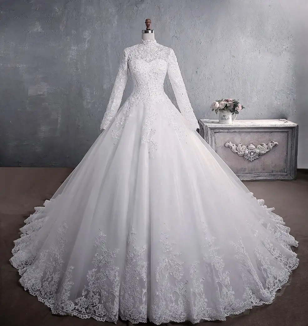 European and American Wedding Dress Lace New Style Stand Collar Long Sleeve Stand Collar Big Tail Large Muslim Wedding Dress