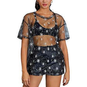 OEM personnalisé femmes paillettes pure sexe T-shirts coupe ample brillant argent Sequin voir à travers les manches courtes <span class=keywords><strong>haut</strong></span> en maille t-shirt - Product Image 1