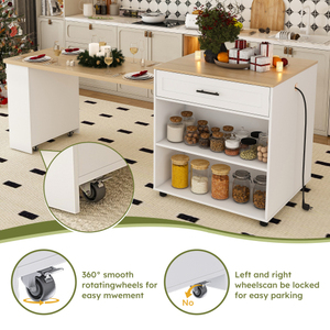 80-inch Expandable Modern Kitchen <b>Island</b> Dining <b>Table</b> MDF Countertop Power Outlet Mobile Storage Cart Cabinet 2 Drawers (White) - Product Image 5