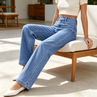 Celana Jeans Wanita High Waist Straight Wide Leg Kancing Ganda Model Longgar Grosir Pabrik