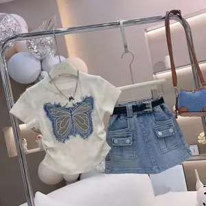 2024 New girl summer suit baby girls children short-sleeved butterfly T-shirt denim skirt two-piece set