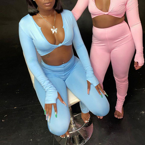Yoga Sport Manches Longues Torsion Tops 2 Pièces Un Pantalon Ensemble Couleur Uni Mince Tenues Les Femmes Ensembles Deux Pièces - Product Image 1